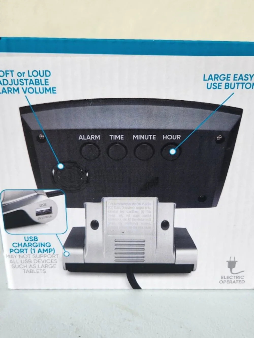Digital Desk Table Alarm Clock with USB Charging Port Black Silver LED Large 0.9